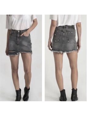 One X One Teaspoon MINI HIGH WAIST DENIM SKIRT Faded Black Distressed 24